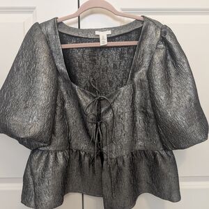 H&M Metallic Silver-Black Peplum Tie-Front Blouse
